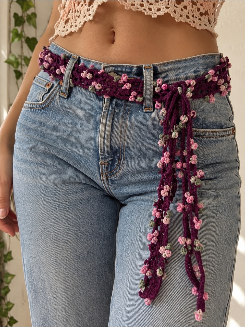 Boho Crochet Tie Belt with Pink Floral Embellishments - Purple
